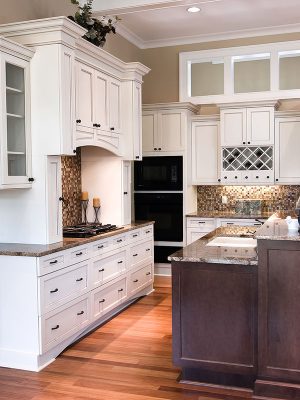 kitchen, white, cabinets, cabinetry, custom, special, order, set, tall, ceiling height, island, wood, solid, upscale, dark, light, brown, doors, panels, raised, shaker, granite, counter, countertops, finished, trim, accent, tile, hardwood, flooring, appliances, oven, hood, lighting, sink, fixtures, plumbing, backsplash, hardware, quality, residential, residence, house, home, interior, building, build, materials, outlet, construction, renovation, renovate, new